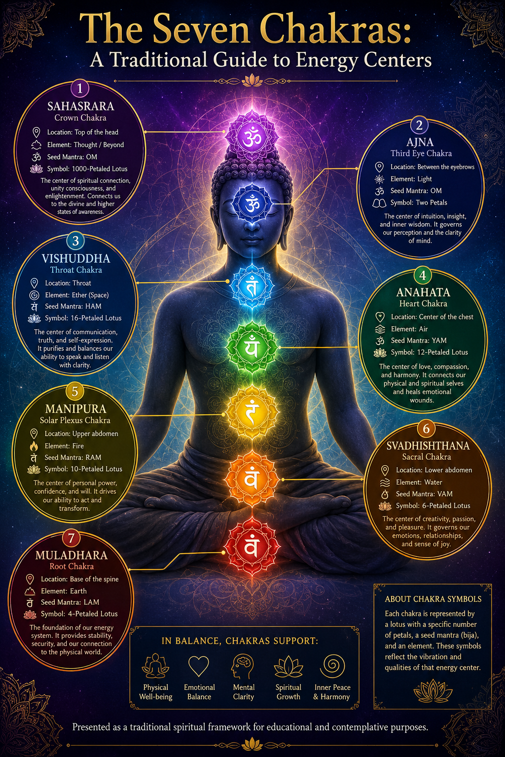A traditional diagram of the seven chakras — Sahasrara, Ajna, Vishuddha, Anahata, Manipura, Svadhishthana and Muladhara — mapped to a meditating figure.