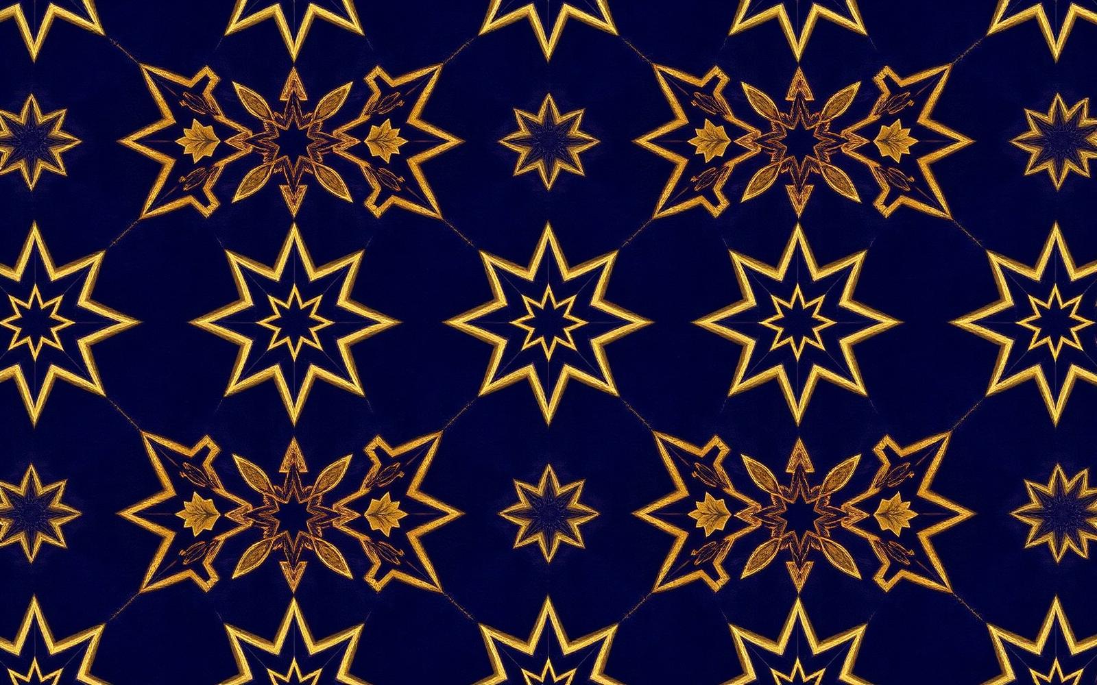 Persian girih tiling with interlocking gold star-and-polygon motifs on midnight indigo, in the style of the Darb-i Imam shrine in Isfahan.