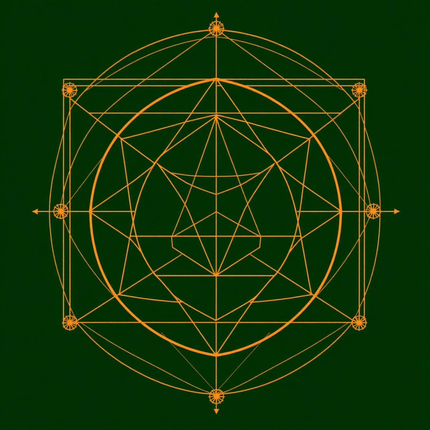 Metatron's Cube — thirteen circles connected by fine straight lines, revealing the projections of the five Platonic solids, drawn in antique gold on deep emerald.