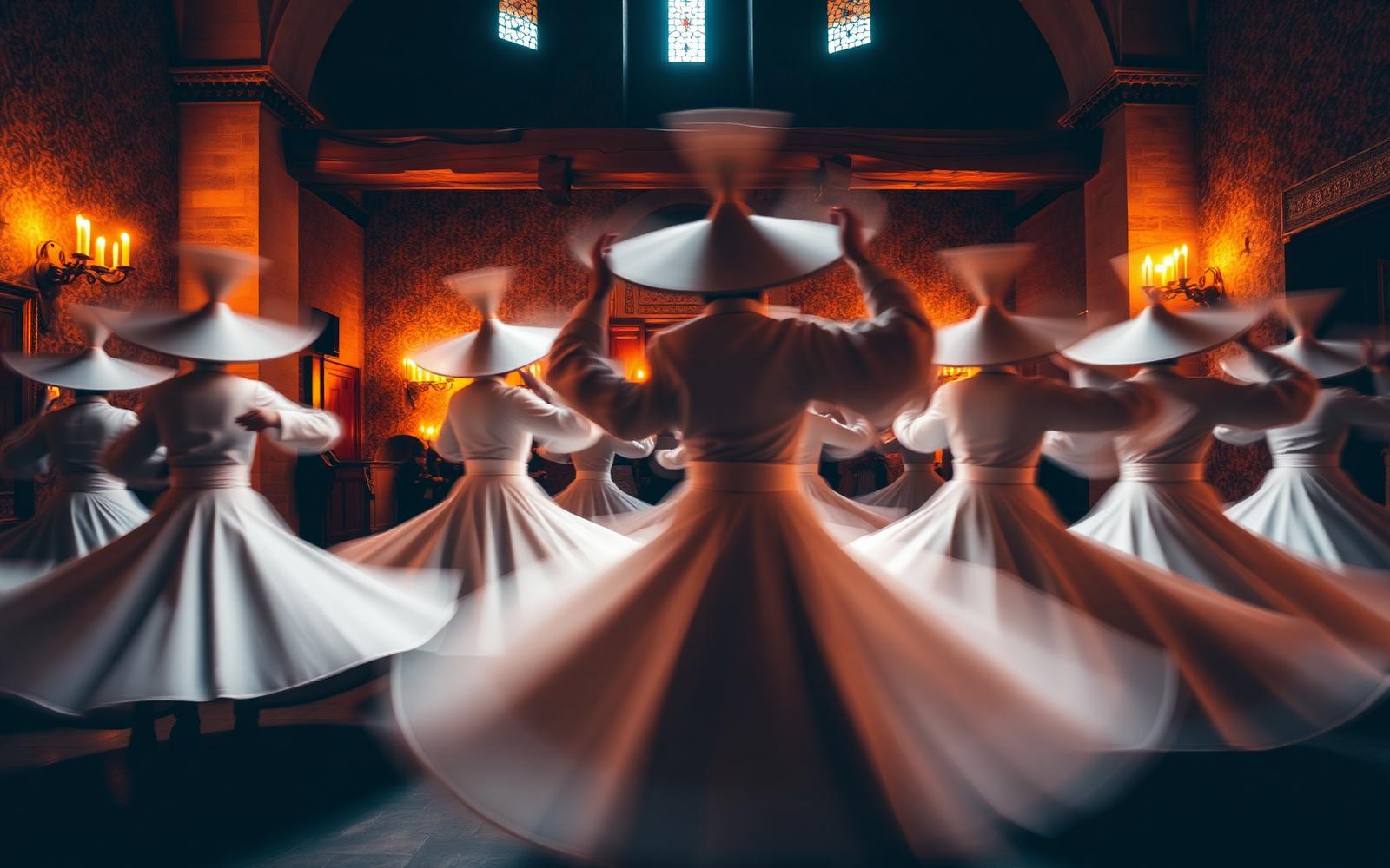 Long-exposure photograph of Mevlevi whirling dervishes in white robes and tall camel-hair hats, motion blur creating luminous circular skirts in a candlelit tekke.