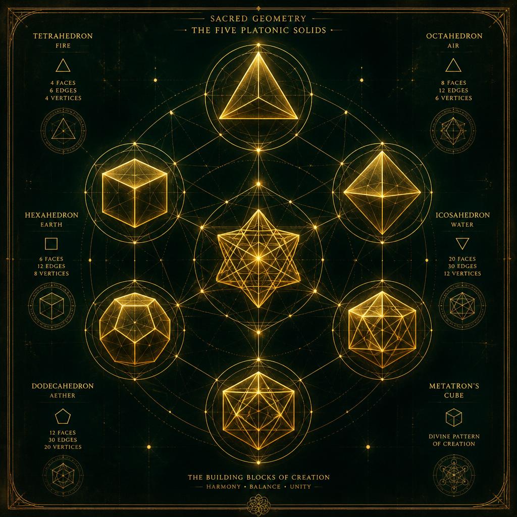 The five Platonic solids — tetrahedron, cube, octahedron, dodecahedron and icosahedron — rendered as gold wireframes.