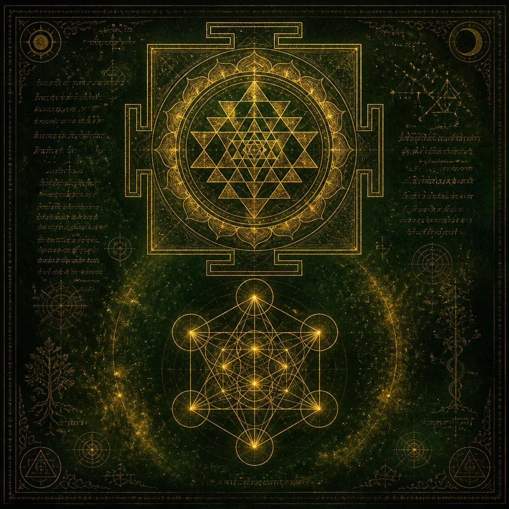 Sri Yantra — nine interlocking triangles radiating from a central bindu, framed by lotus petals.