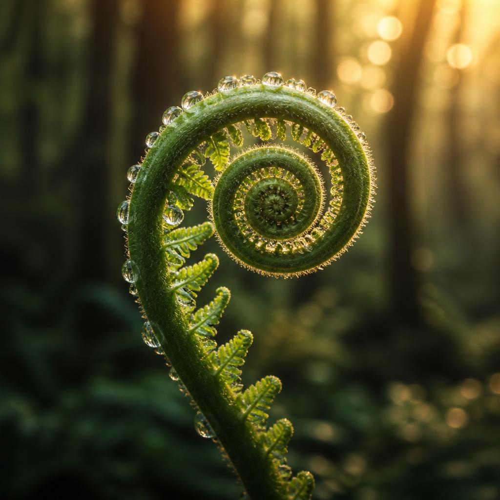 Unfurling fern fiddlehead forming a tight Fibonacci spiral against dark forest foliage.