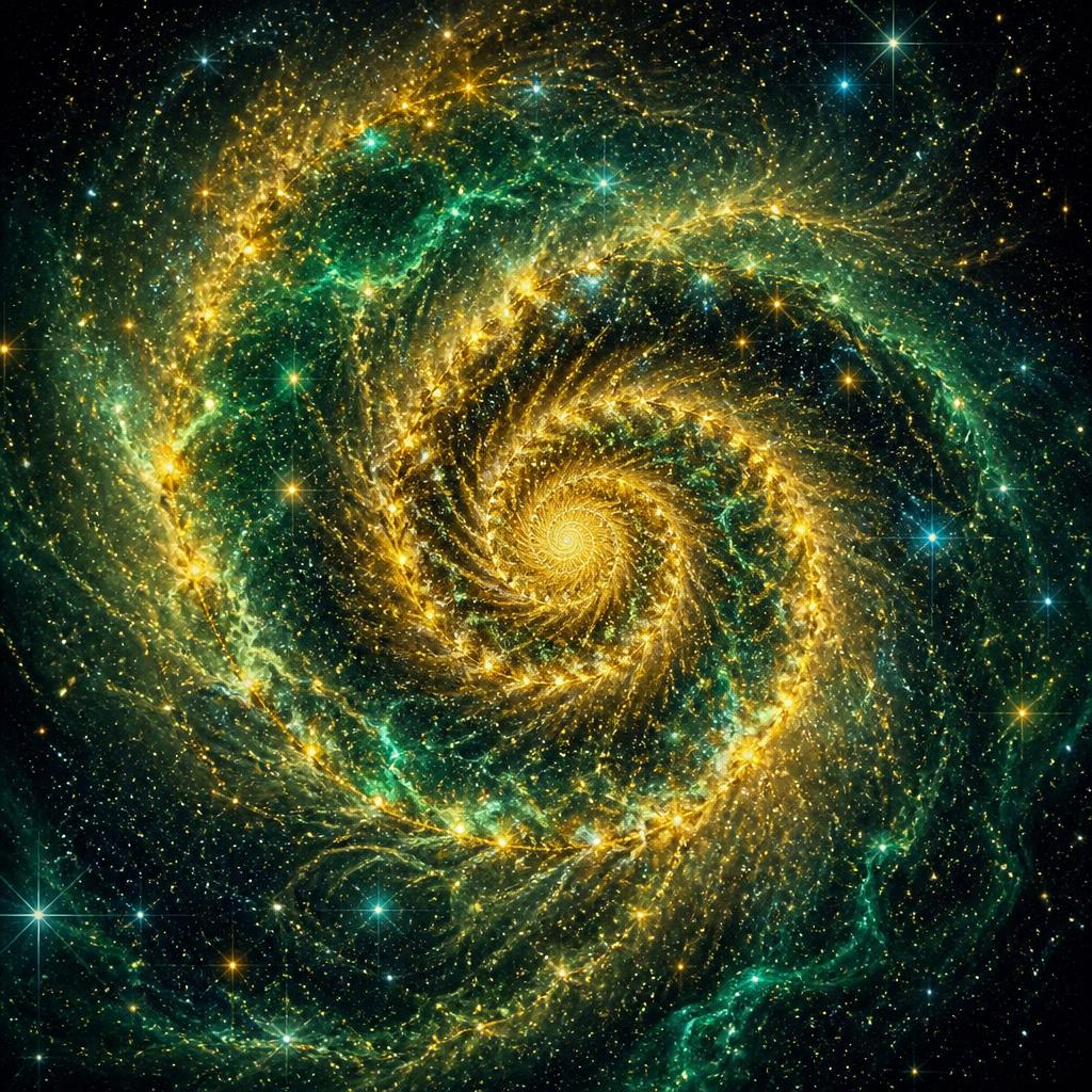 A spiral galaxy seen face-on, its arms tracing the same logarithmic curve found in shells and ferns.