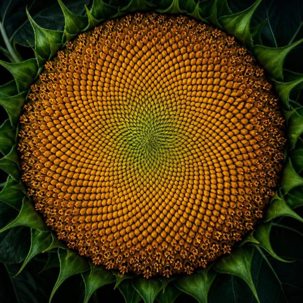 Sunflower seed head showing phyllotaxis — spiral parastichies following consecutive Fibonacci numbers.